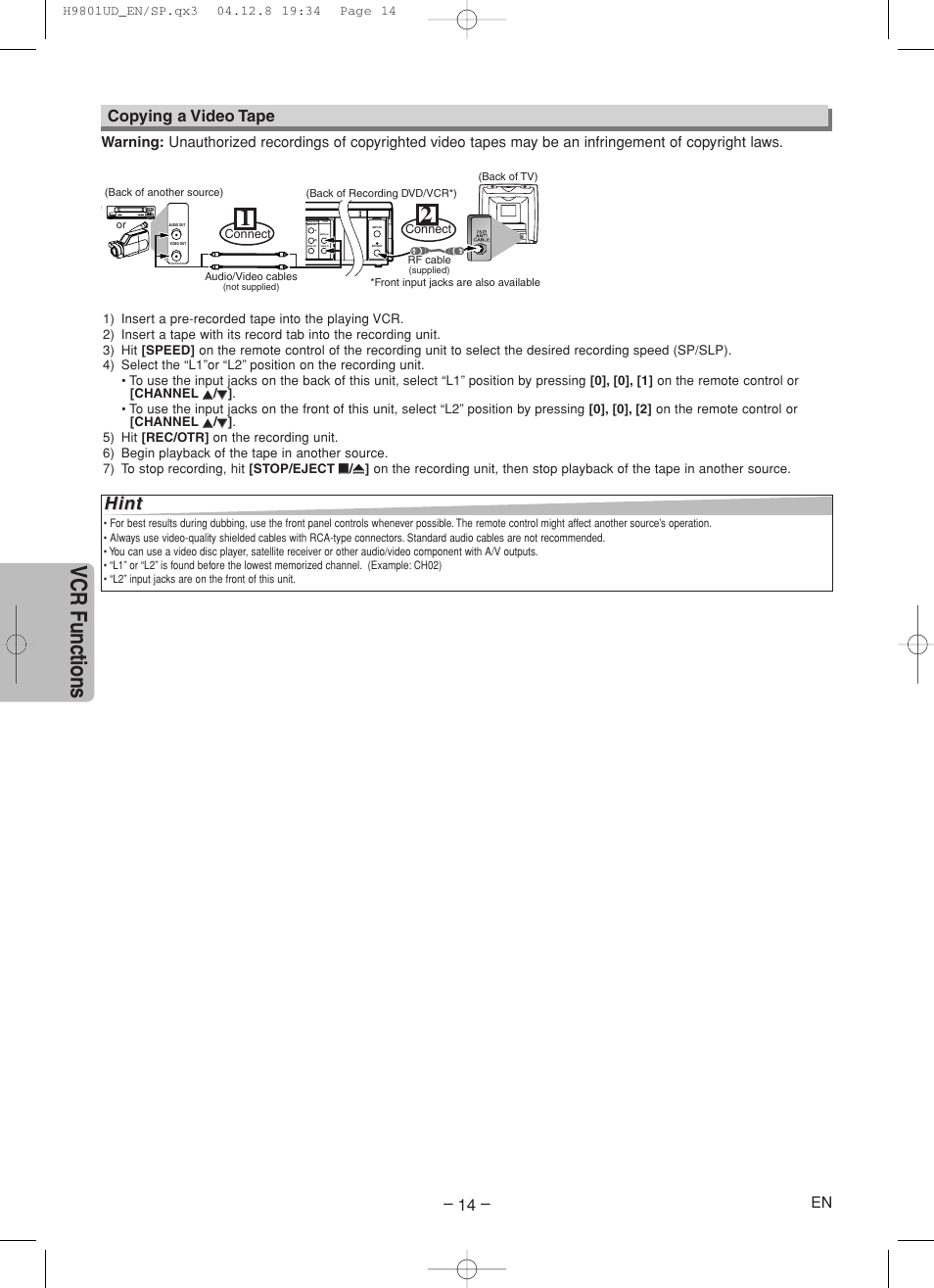 Vcr functions, Hint, Copying a video tape | Component video out, Connect | Sylvania DVC840F User Manual | Page 14 / 28