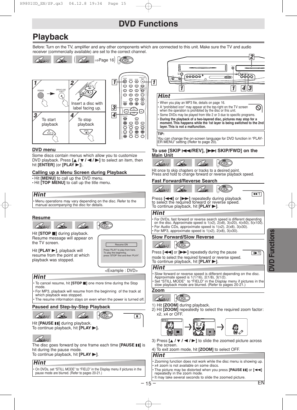 Playback, Dvd functions, Dv d functions | Hint, Paused and step-by-step playback, Fast forward/reverse search, Dvd menu, Calling up a menu screen during playback, Resume, Zoom | Sylvania DVC840F User Manual | Page 15 / 28
