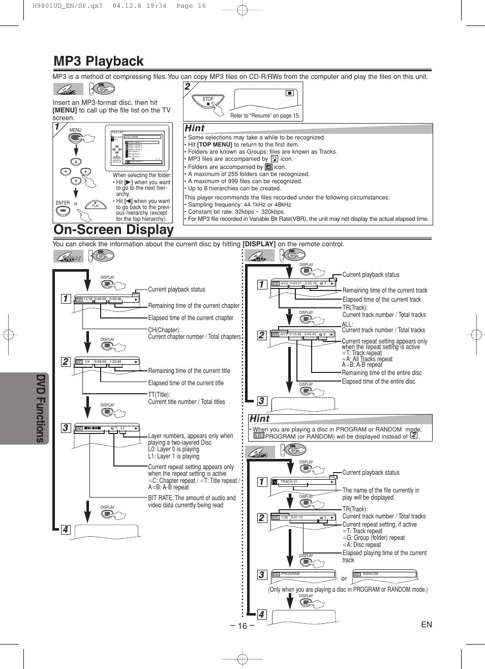 Mp3 playback, On-screen display, Dvd functions | Hint | Sylvania DVC840F User Manual | Page 16 / 28