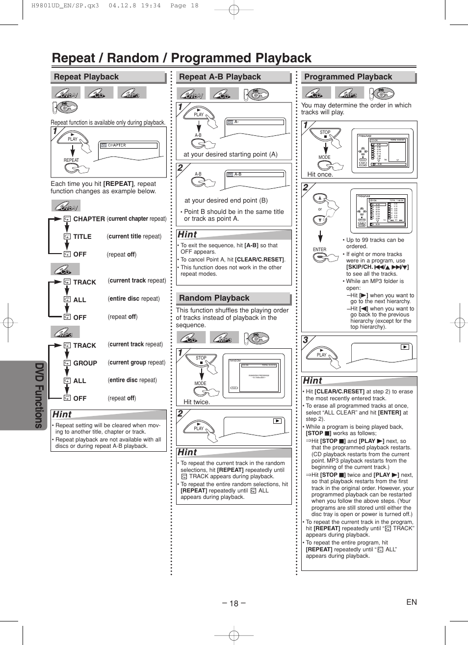 Repeat / random / programmed playback, Dv d functions, Hint | Repeat playback programmed playback, Repeat a-b playback, Random playback | Sylvania DVC840F User Manual | Page 18 / 28