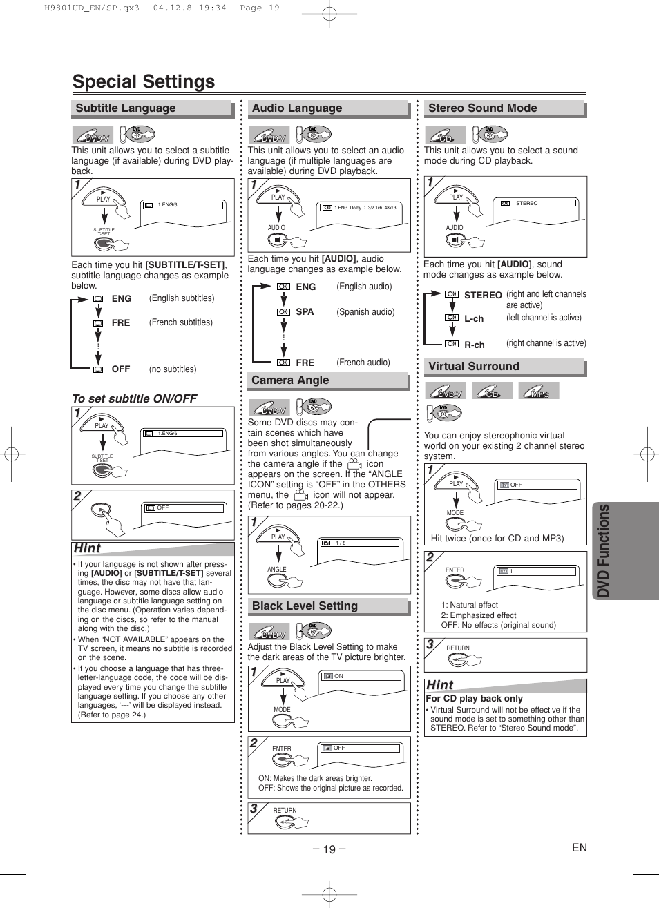 Special settings, Dvd functions, Hint | Sylvania DVC840F User Manual | Page 19 / 28