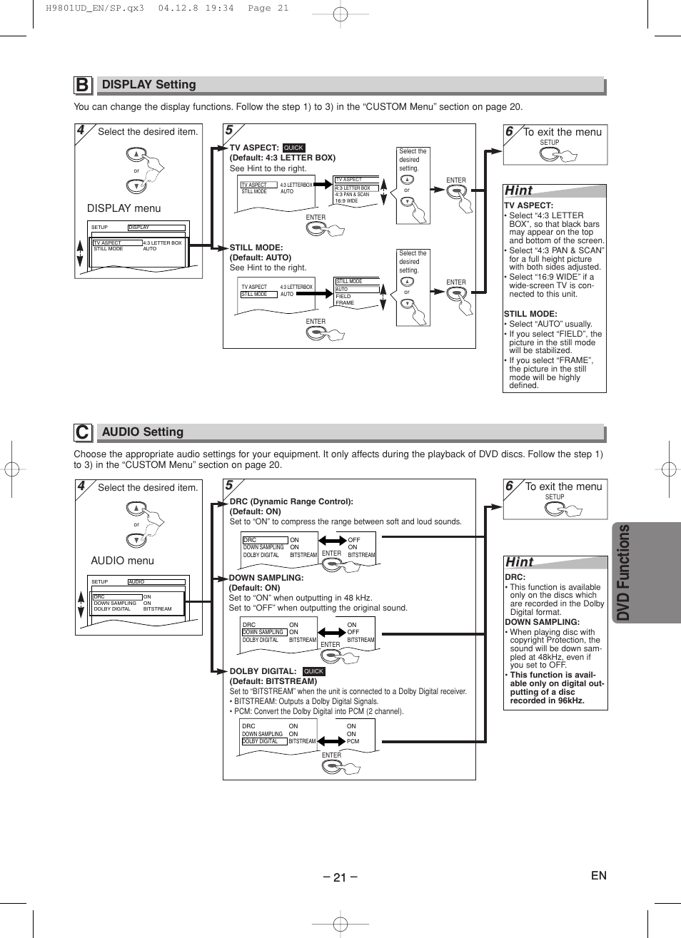 Dvd functions, 5hint hint, Hint | Display setting, Audio setting, Display menu, Audio menu | Sylvania DVC840F User Manual | Page 21 / 28
