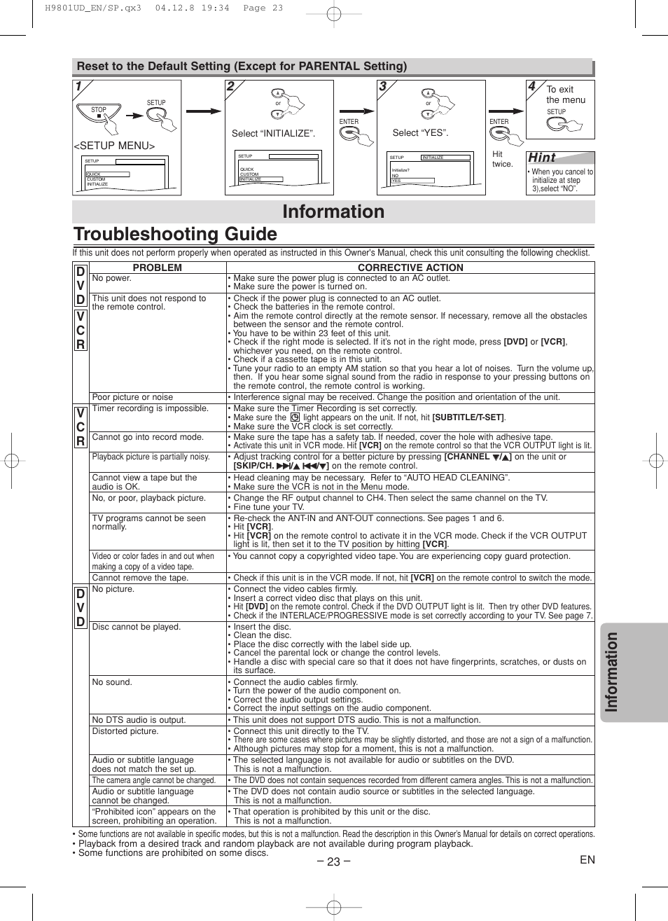 Troubleshooting guide, Information, Inf ormation | Hint | Sylvania DVC840F User Manual | Page 23 / 28