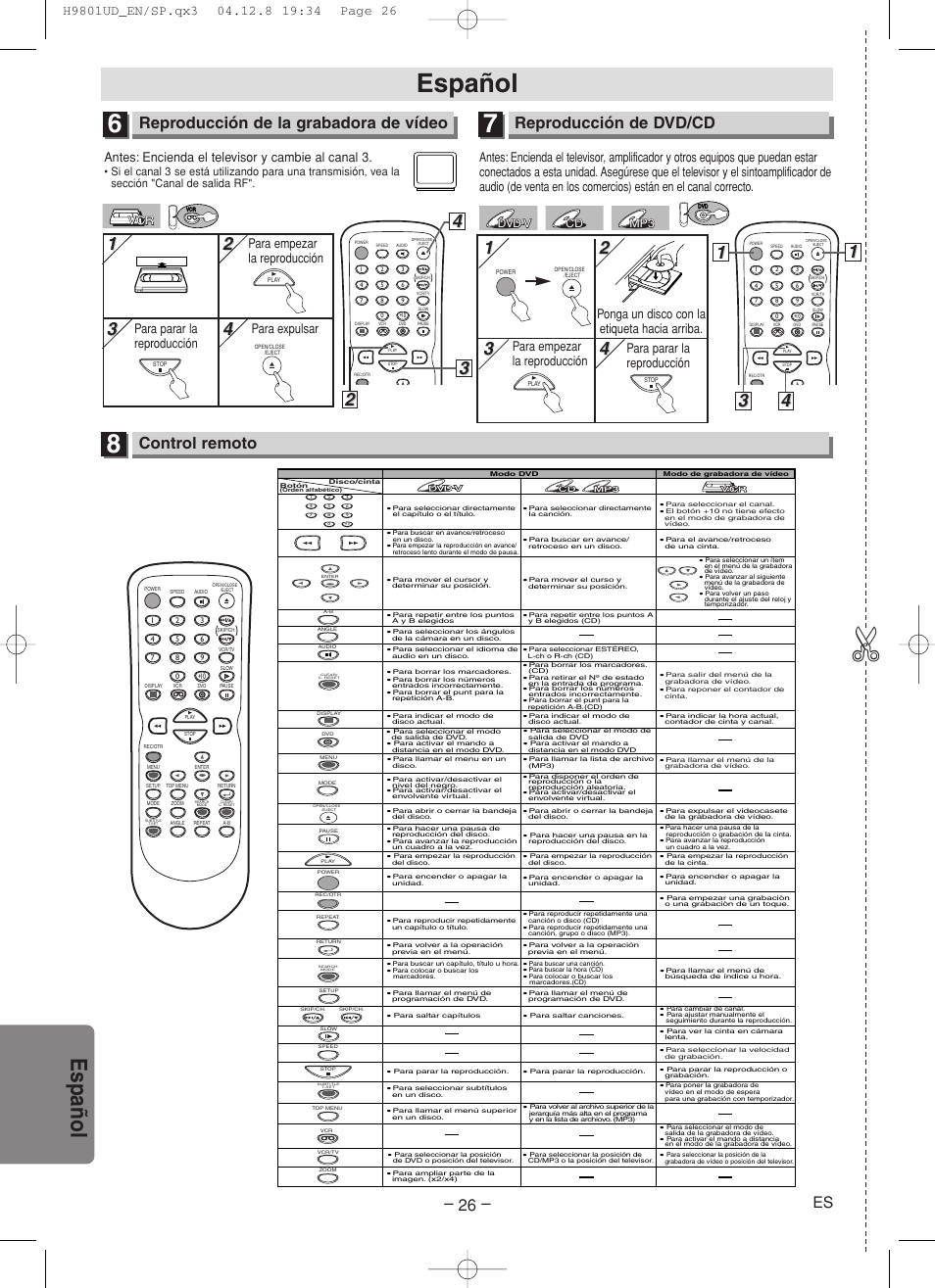 Español, Espa ñ ol, Reproducción de la grabadora de vídeo | Reproducción de dvd/cd, Control remoto, Antes: encienda el televisor y cambie al canal 3, Mp3 cd cd dvd-v dvd-v | Sylvania DVC840F User Manual | Page 26 / 28