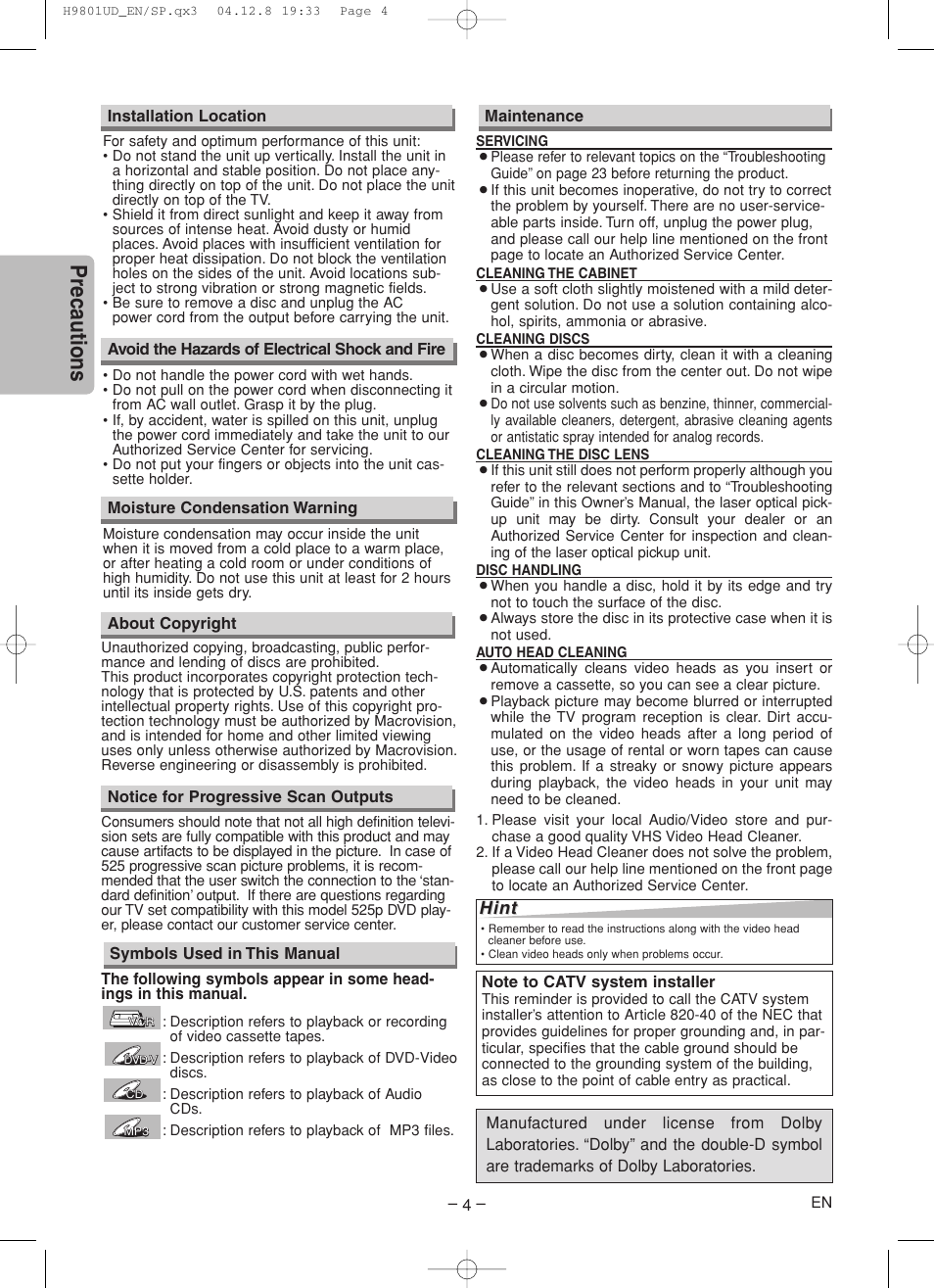 Precautions | Sylvania DVC840F User Manual | Page 4 / 28