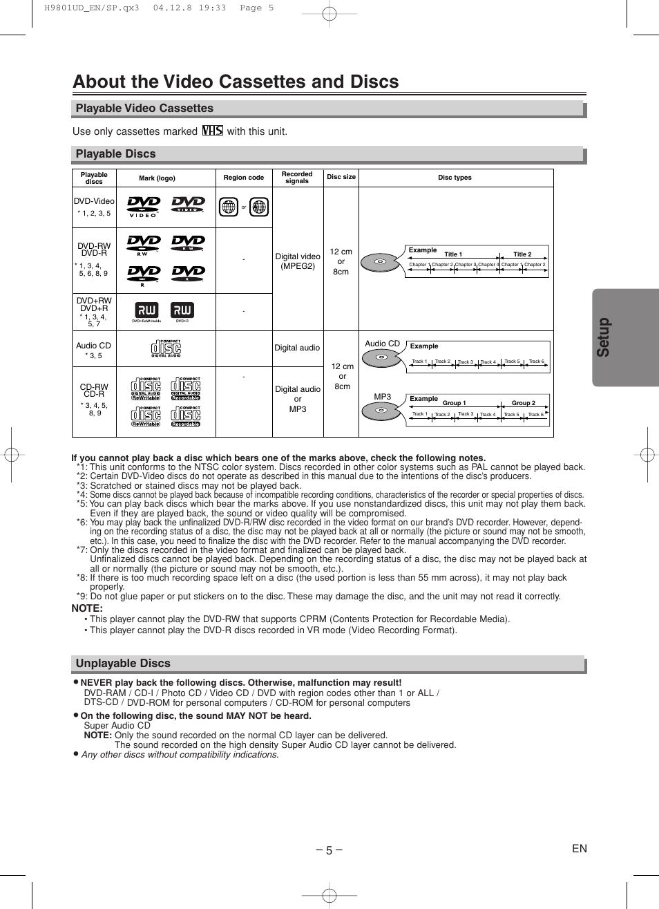 About the video cassettes and discs, Setup, Playable discs unplayable discs | Playable video cassettes, En use only cassettes marked with this unit | Sylvania DVC840F User Manual | Page 5 / 28