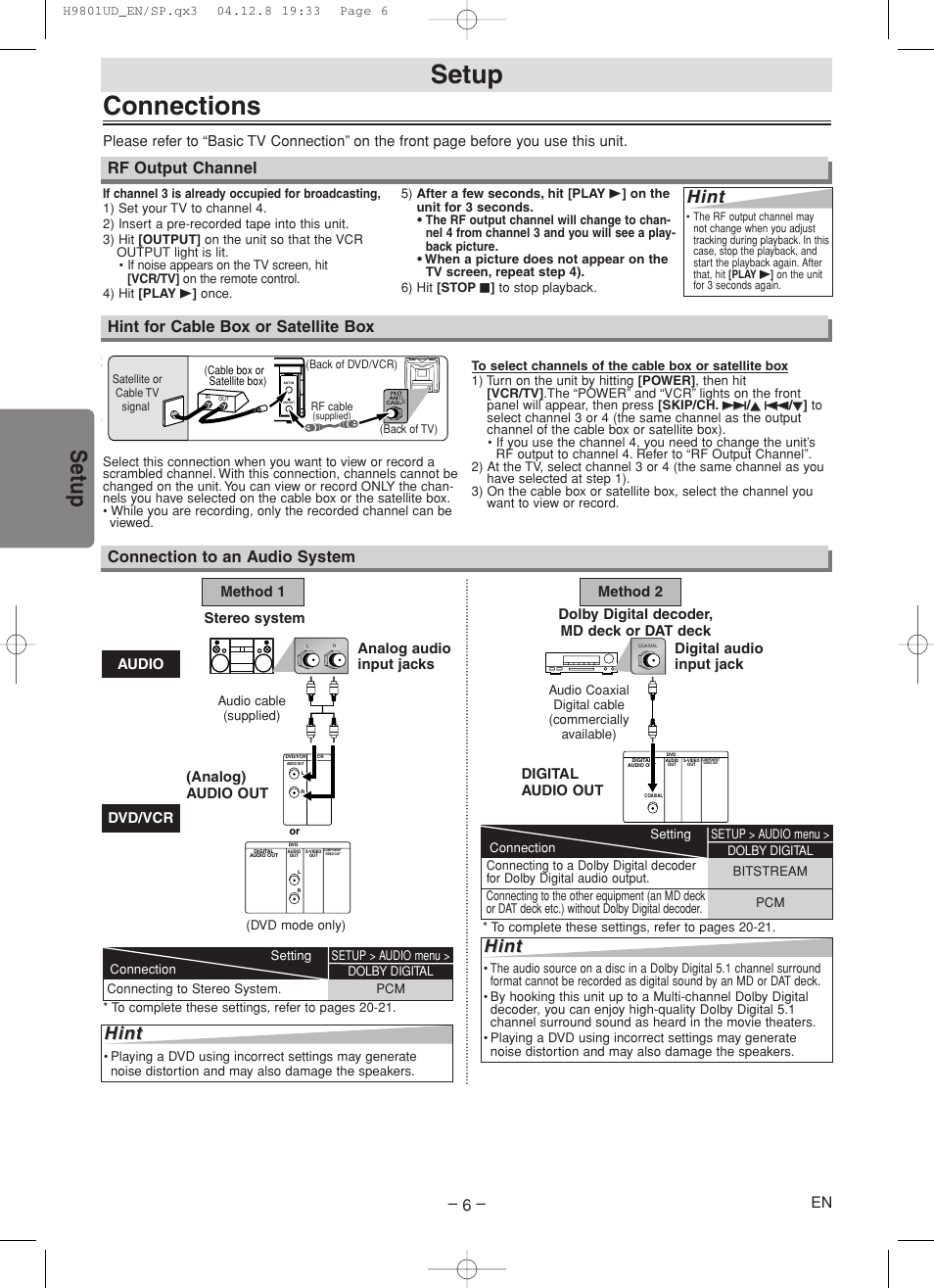 Connections, Setup, Hint | Hint for cable box or satellite box, Connection to an audio system, Rf output channel, Stereo system, Dolby digital decoder, md deck or dat deck | Sylvania DVC840F User Manual | Page 6 / 28