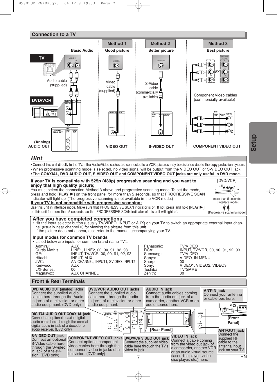 Setup, Hint, Front & rear terminals | Connection to a tv, After you have completed connections, Tv method 1, Method 2 method 3, Dvd/vcr, Input modes for common tv brands, Component video out | Sylvania DVC840F User Manual | Page 7 / 28