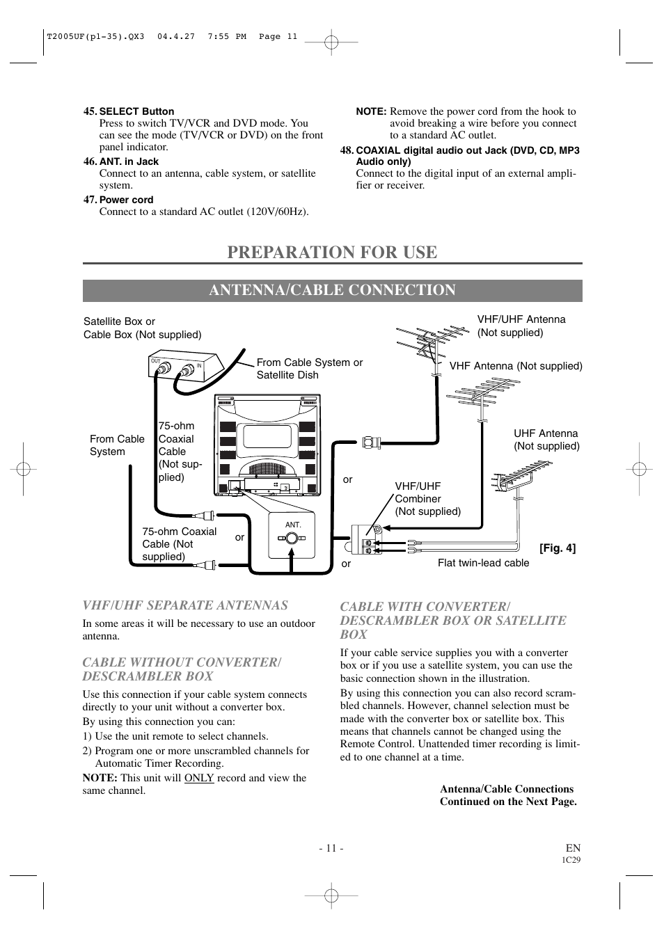Preparation for use, Antenna/cable connection, Cable without converter/ descrambler box | Vhf/uhf separate antennas | Sylvania SRCD427P User Manual | Page 11 / 56
