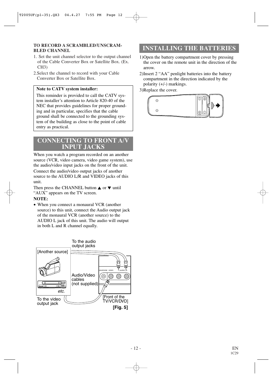 Installing the batteries, Connecting to front a/v input jacks | Sylvania SRCD427P User Manual | Page 12 / 56