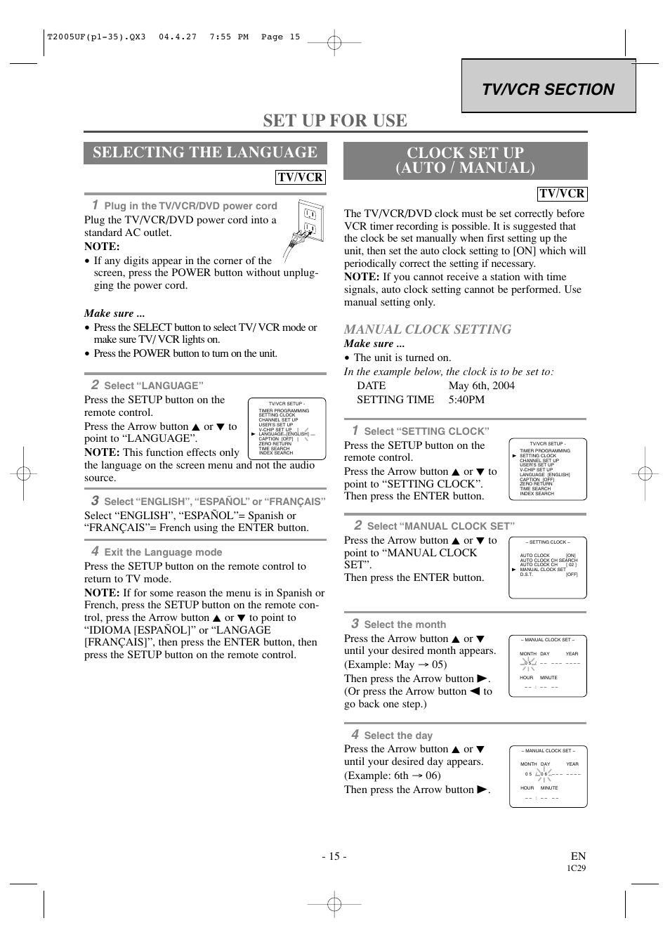 Set up for use, Clock set up (auto / manual), Manual clock setting | Tv/vcr | Sylvania SRCD427P User Manual | Page 15 / 56