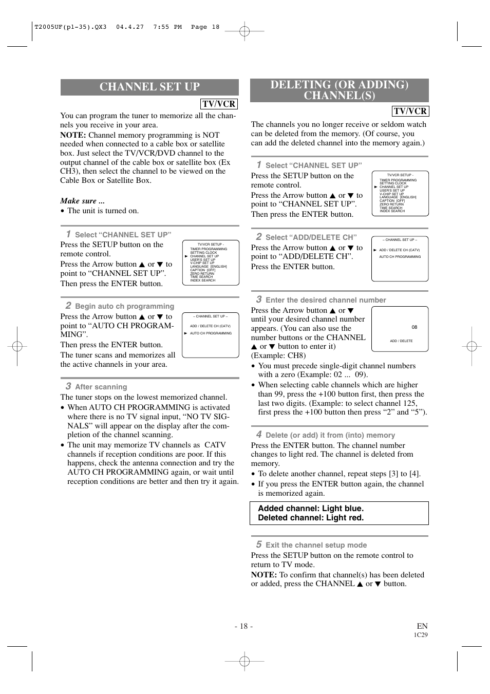 Channel set up, Deleting (or adding) channel(s) | Sylvania SRCD427P User Manual | Page 18 / 56