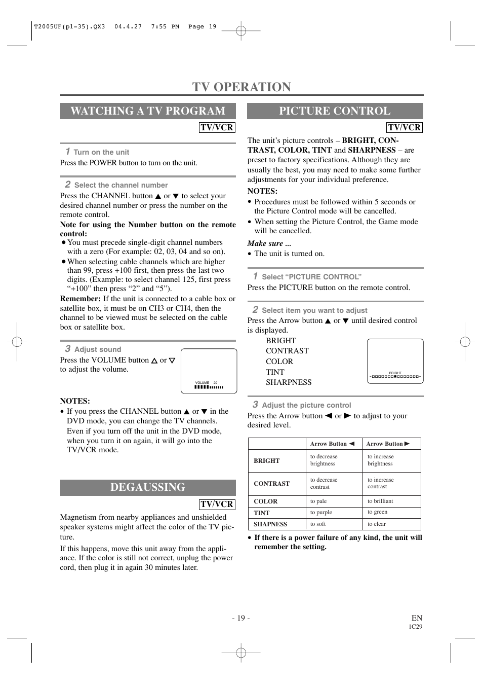 Tv operation, Degaussing, Watching a tv program | Picture control, Tv/vcr | Sylvania SRCD427P User Manual | Page 19 / 56