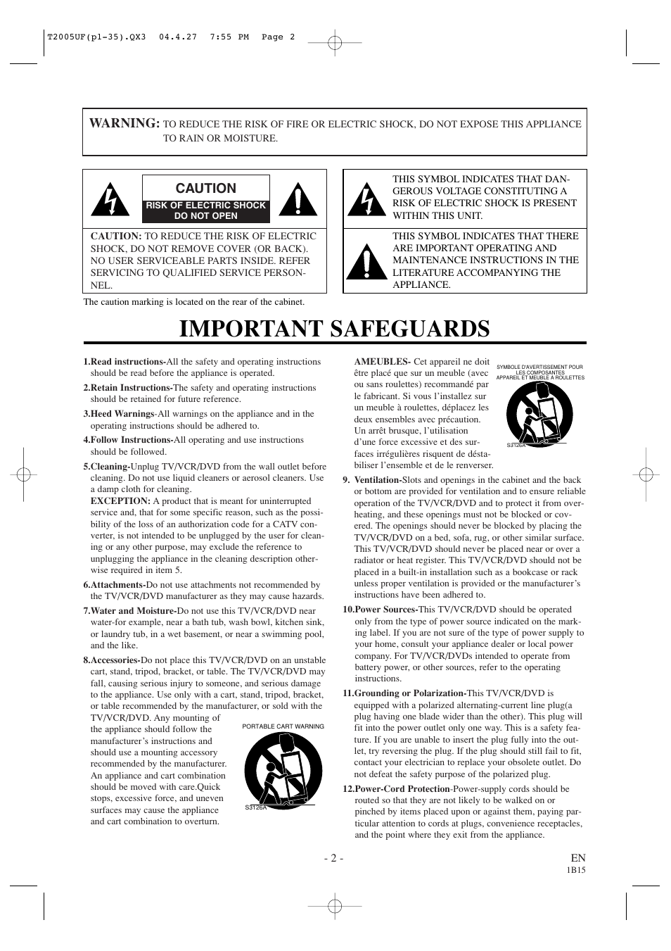 Important safeguards, Warning, Caution | Sylvania SRCD427P User Manual | Page 2 / 56