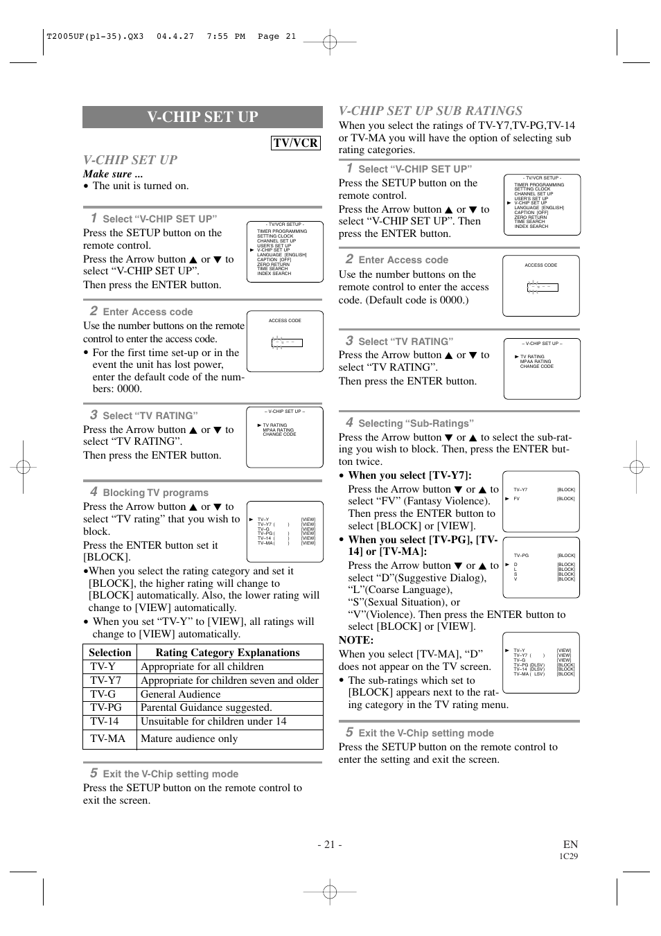 V-chip set up, V-chip set up sub ratings, Tv/vcr | 21 - en, Make sure, The unit is turned on | Sylvania SRCD427P User Manual | Page 21 / 56