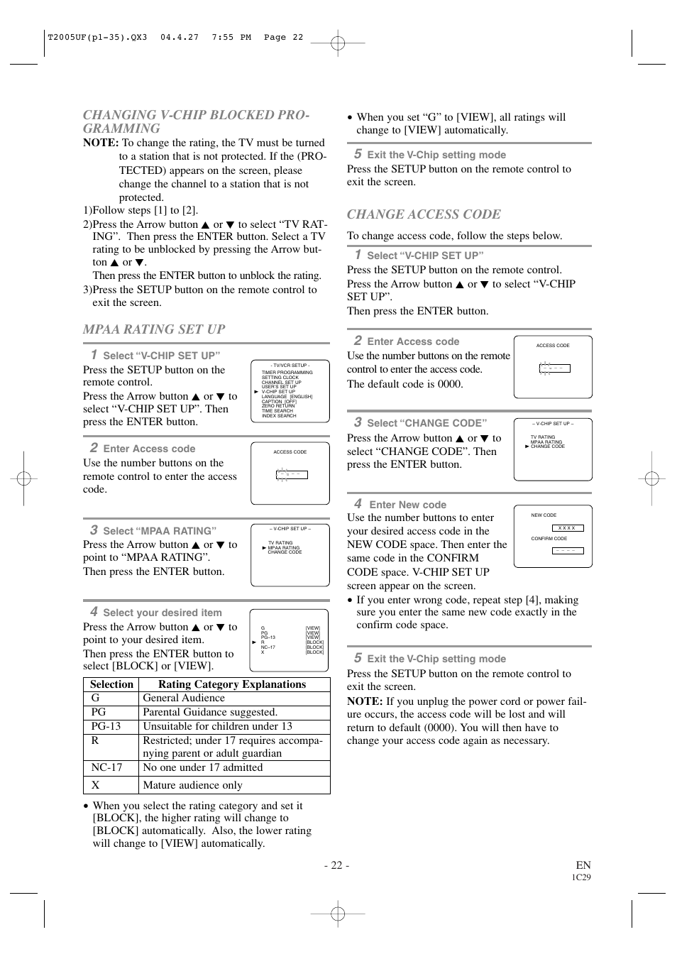 Changing v-chip blocked pro- gramming, Mpaa rating set up 1, Change access code | Sylvania SRCD427P User Manual | Page 22 / 56