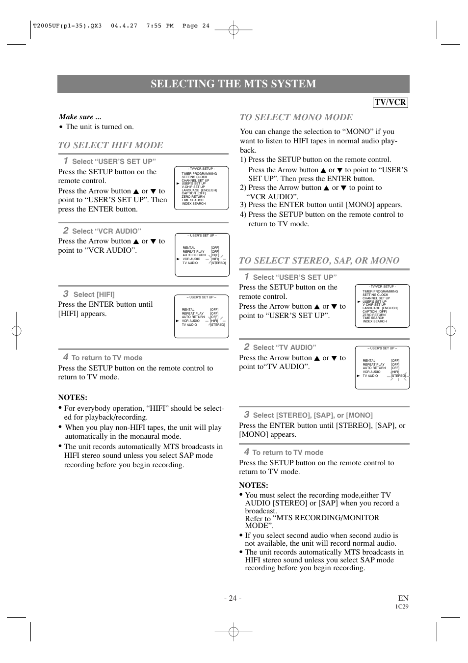 Selecting the mts system, Tv/vcr, 24 - en | Make sure, The unit is turned on, Press the enter button until [hifi] appears, Press the arrow button k or l to point to“tv audio | Sylvania SRCD427P User Manual | Page 24 / 56