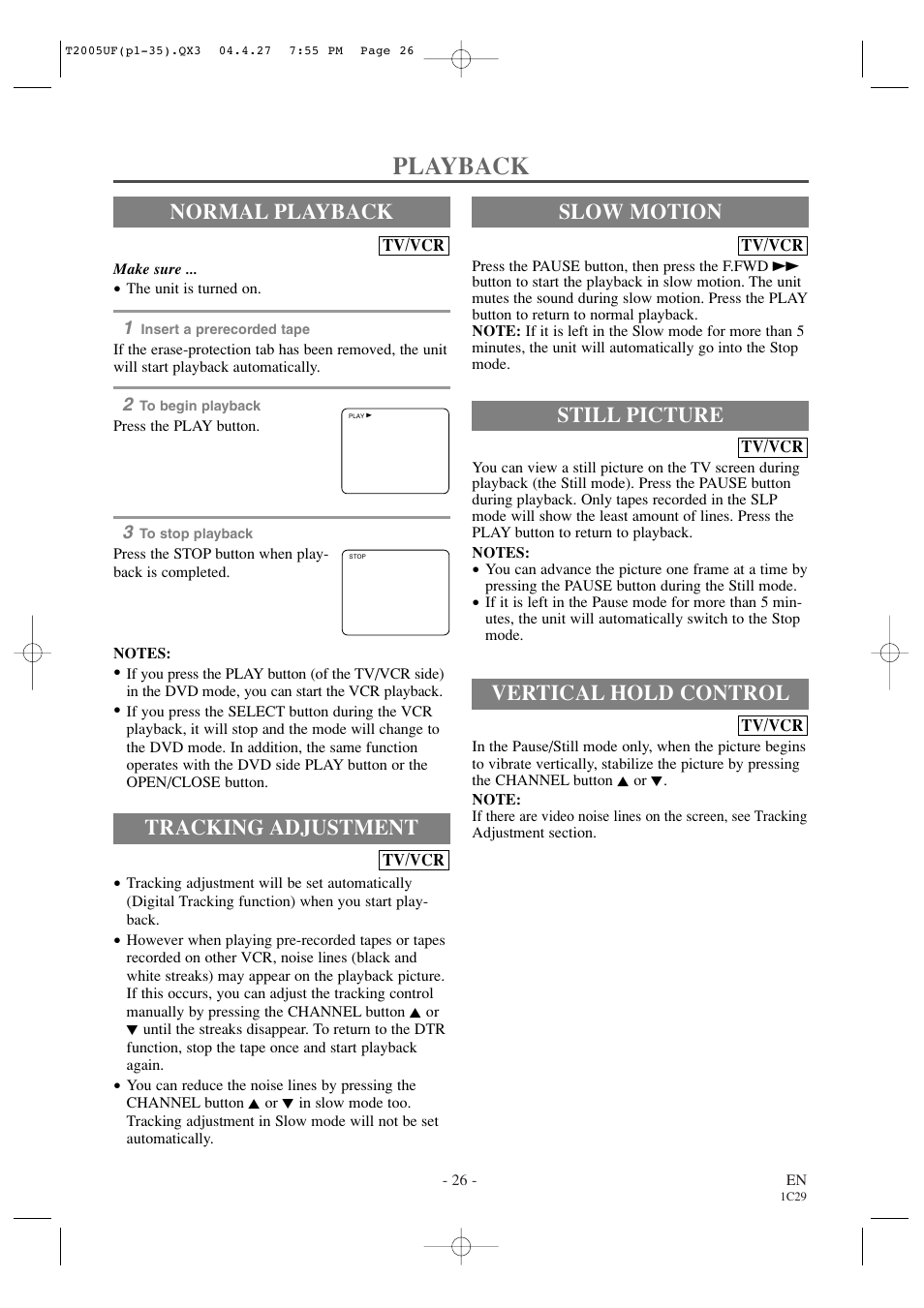 Playback, Normal playback, Tracking adjustment | Still picture, Vertical hold control, Slow motion | Sylvania SRCD427P User Manual | Page 26 / 56