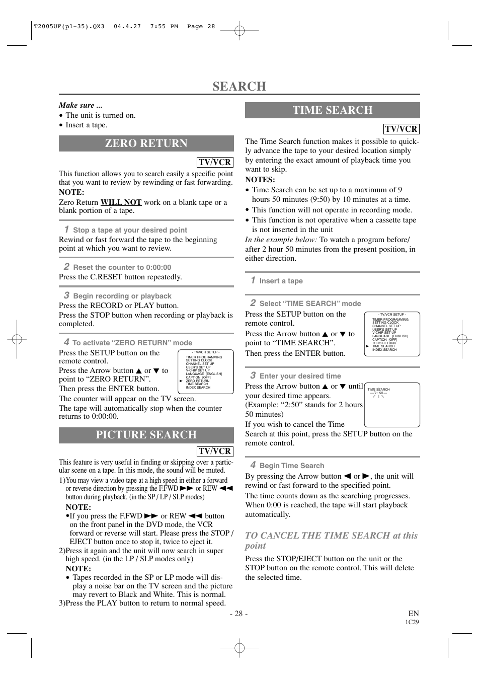 Search, Zero return time search, Picture search | Sylvania SRCD427P User Manual | Page 28 / 56