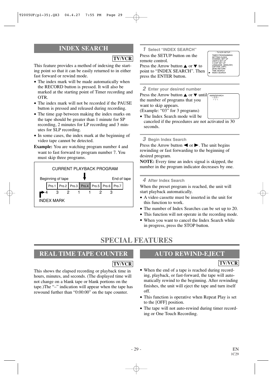 Special features, Index search, Real time tape counter | Auto rewind-eject | Sylvania SRCD427P User Manual | Page 29 / 56