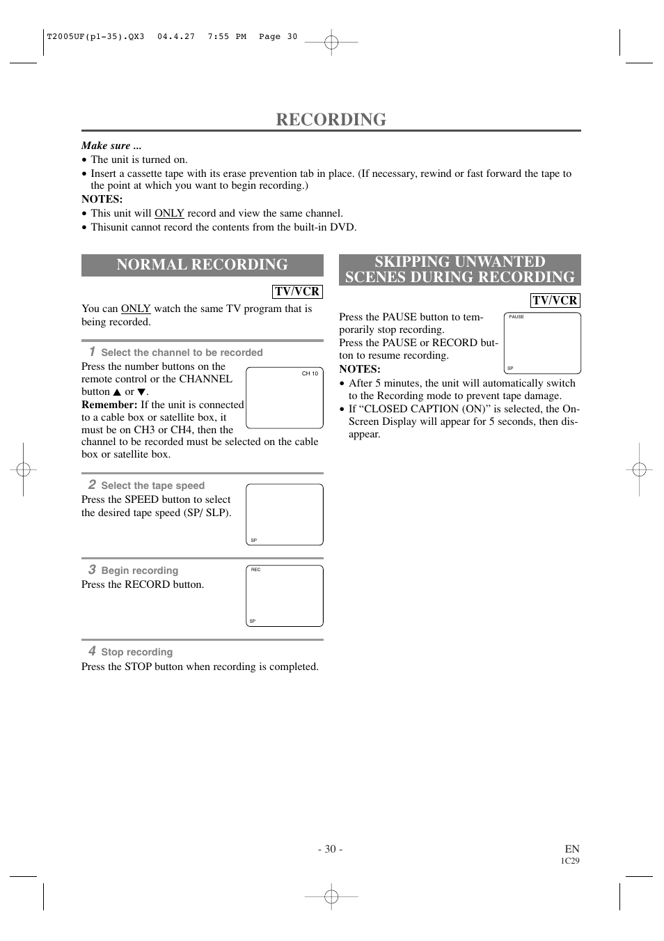 Recording, Normal recording, Skipping unwanted scenes during recording | Sylvania SRCD427P User Manual | Page 30 / 56