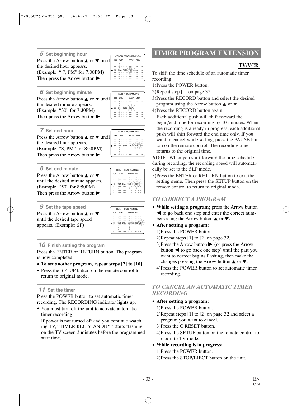 Timer program extension, Tv/vcr, 33 - en | Set beginning hour, Set beginning minute, Set end hour, Set end minute, Set the tape speed, Finish setting the program, Set the timer | Sylvania SRCD427P User Manual | Page 33 / 56