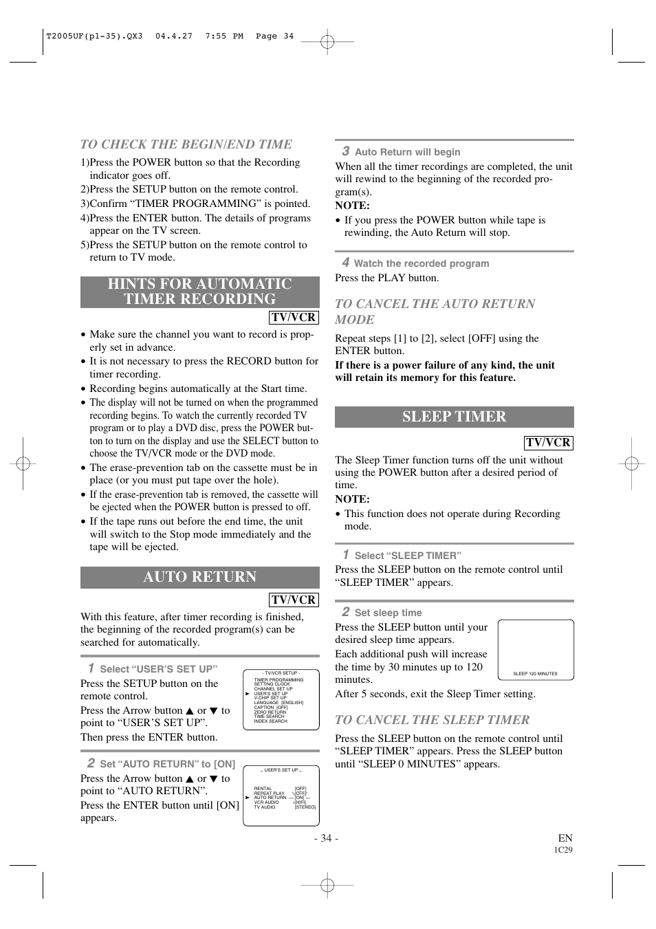 Hints for automatic timer recording, Auto return, Sleep timer | Sylvania SRCD427P User Manual | Page 34 / 56