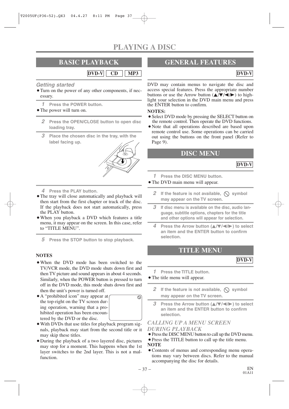 Playing a disc, Basic playback, General features | Title menu, Disc menu | Sylvania SRCD427P User Manual | Page 37 / 56