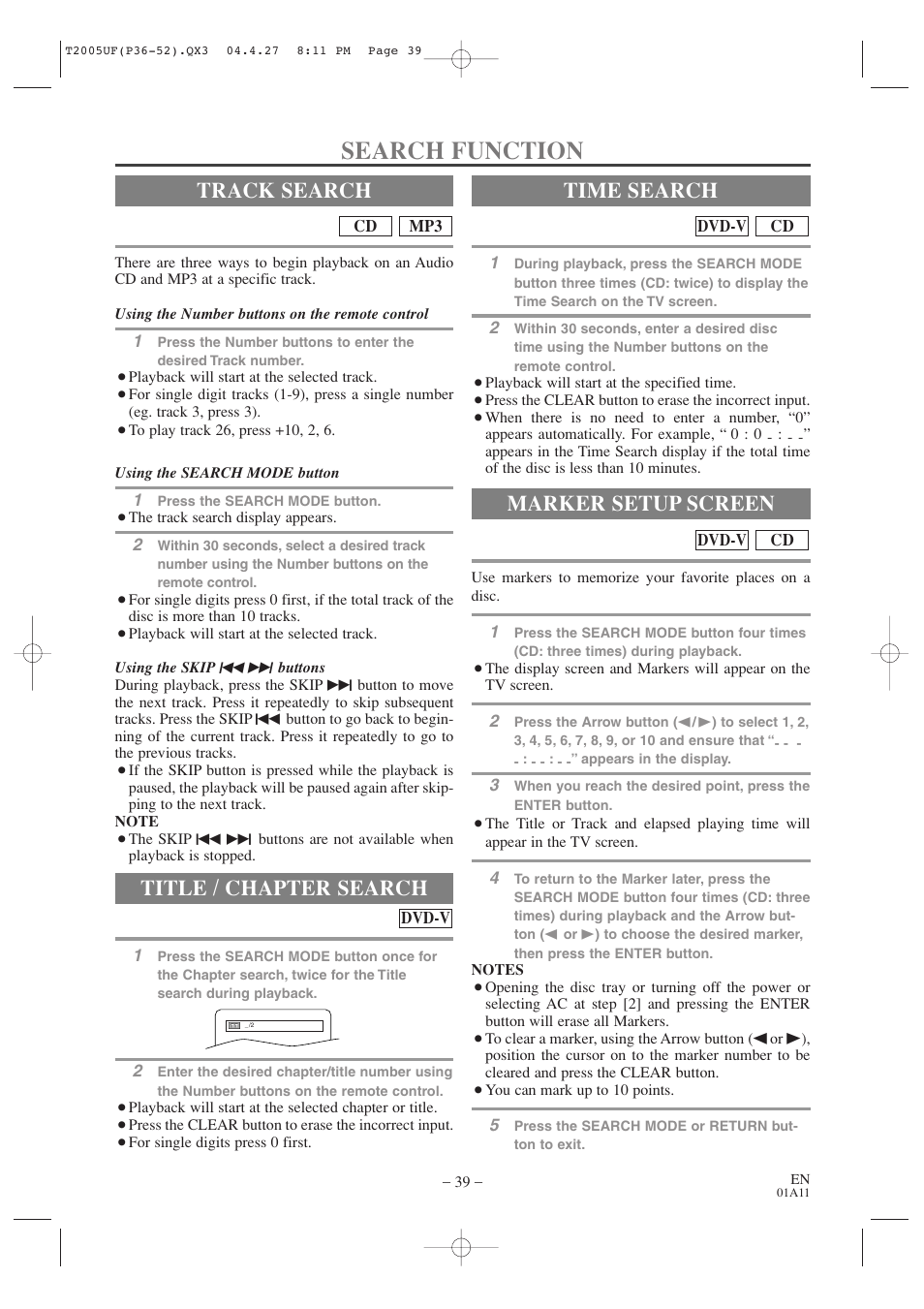 Search function, Track search, Title / chapter search | Time search, Marker setup screen | Sylvania SRCD427P User Manual | Page 39 / 56