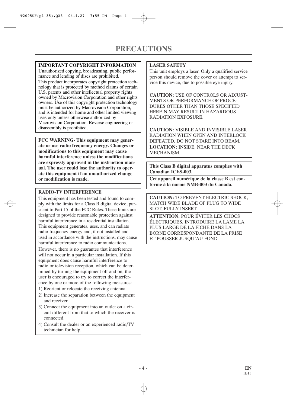 Precautions | Sylvania SRCD427P User Manual | Page 4 / 56