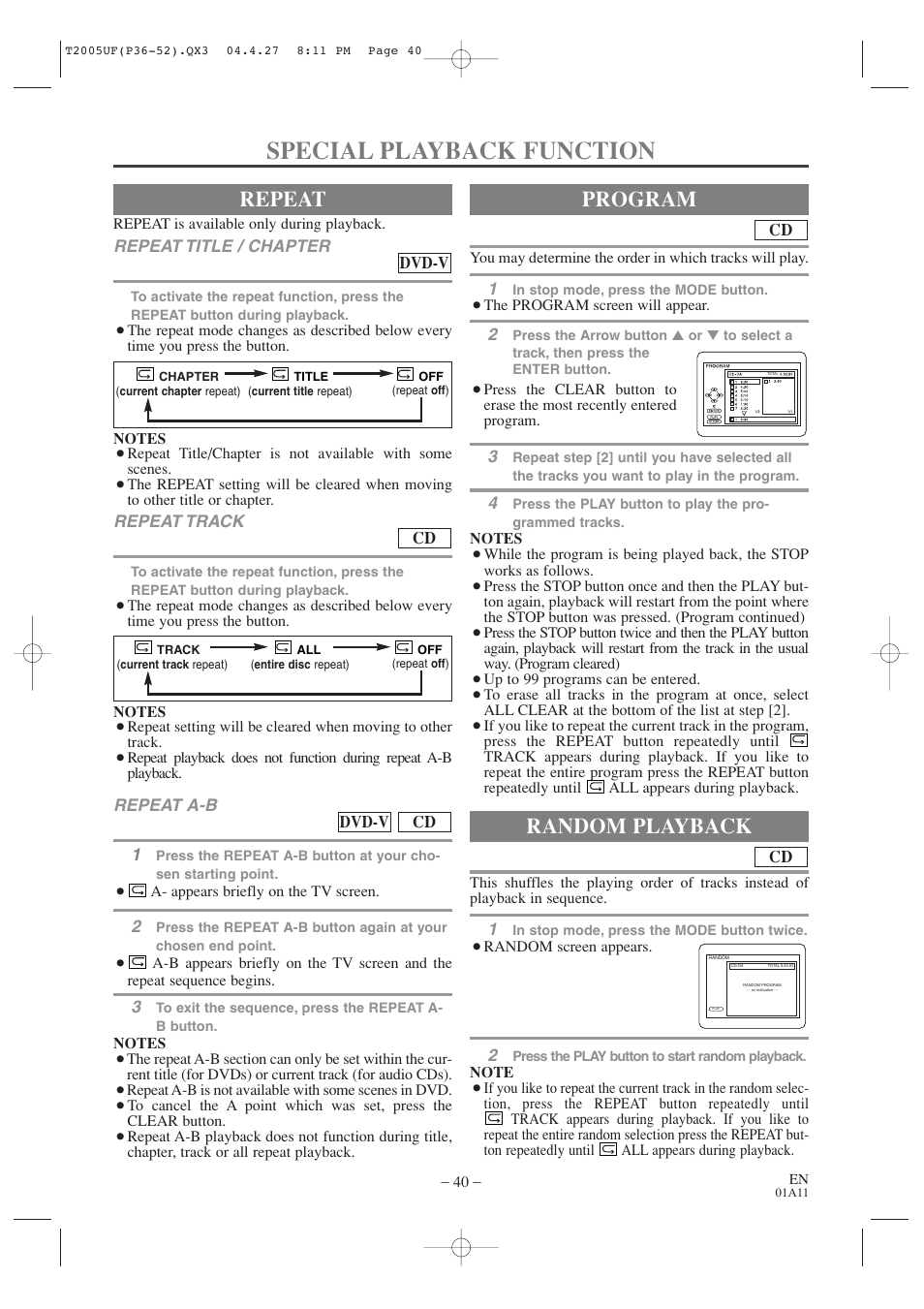 Special playback function, Repeat, Program | Random playback | Sylvania SRCD427P User Manual | Page 40 / 56