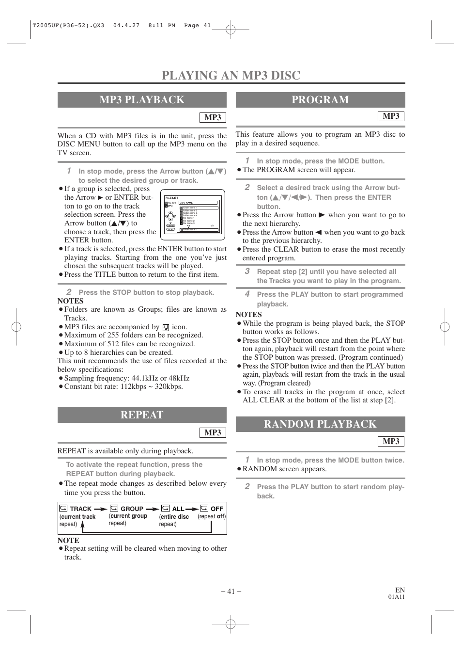 Playing an mp3 disc, Mp3 playback, Random playback | Program repeat | Sylvania SRCD427P User Manual | Page 41 / 56