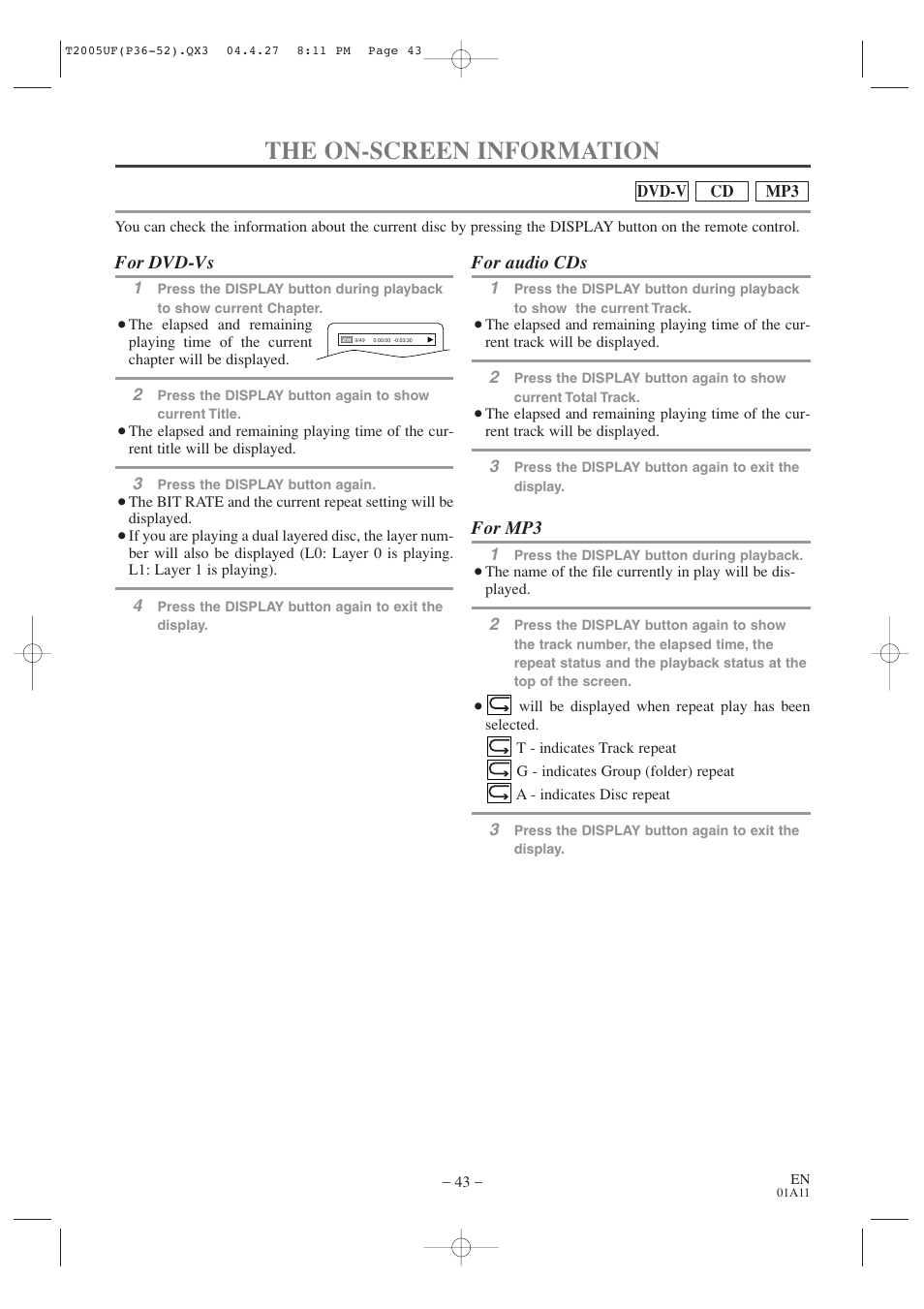 The on-screen information, For dvd-vs, For audio cds | For mp3 | Sylvania SRCD427P User Manual | Page 43 / 56