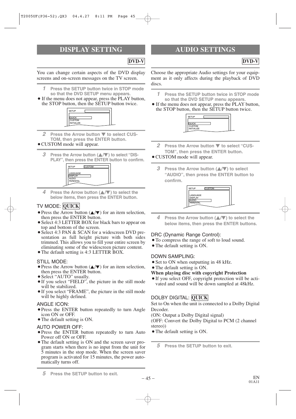 Audio settings, Display setting | Sylvania SRCD427P User Manual | Page 45 / 56