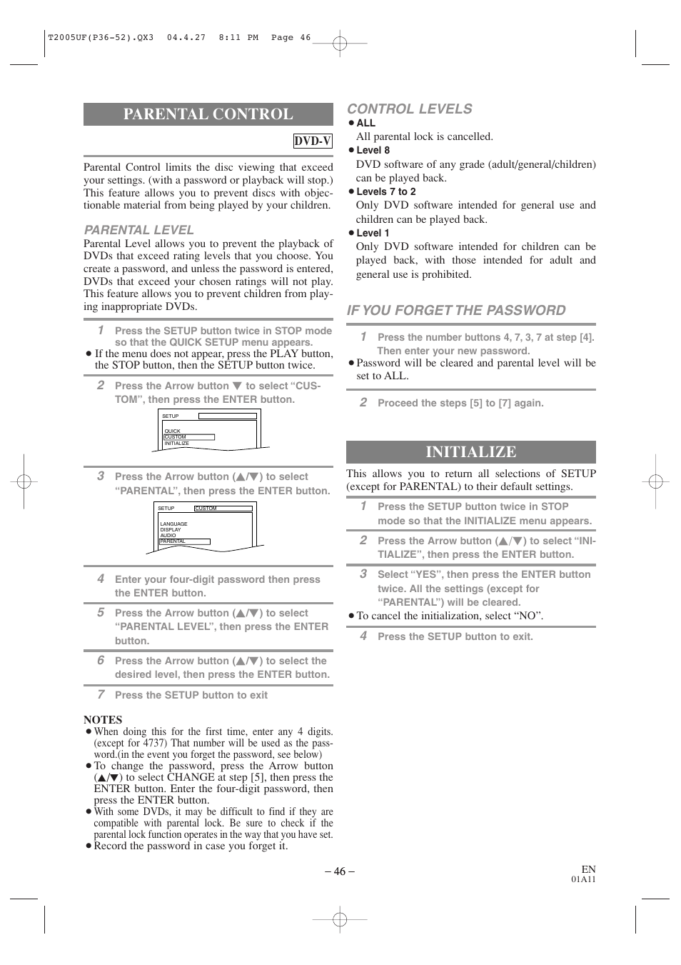 Parental control, Initialize, Control levels | If you forget the password | Sylvania SRCD427P User Manual | Page 46 / 56