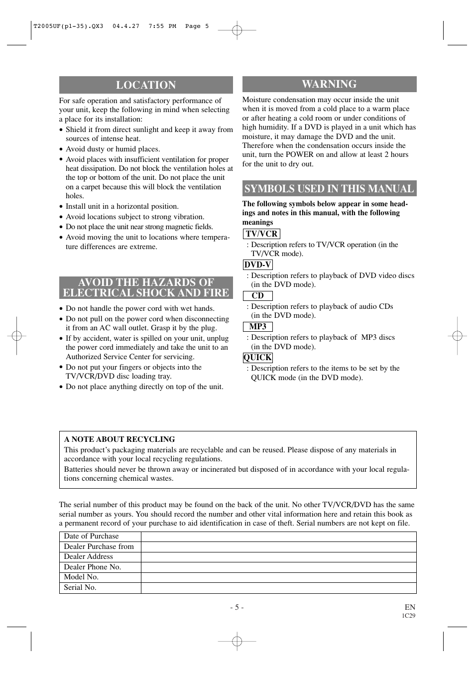 Warning, Symbols used in this manual | Sylvania SRCD427P User Manual | Page 5 / 56