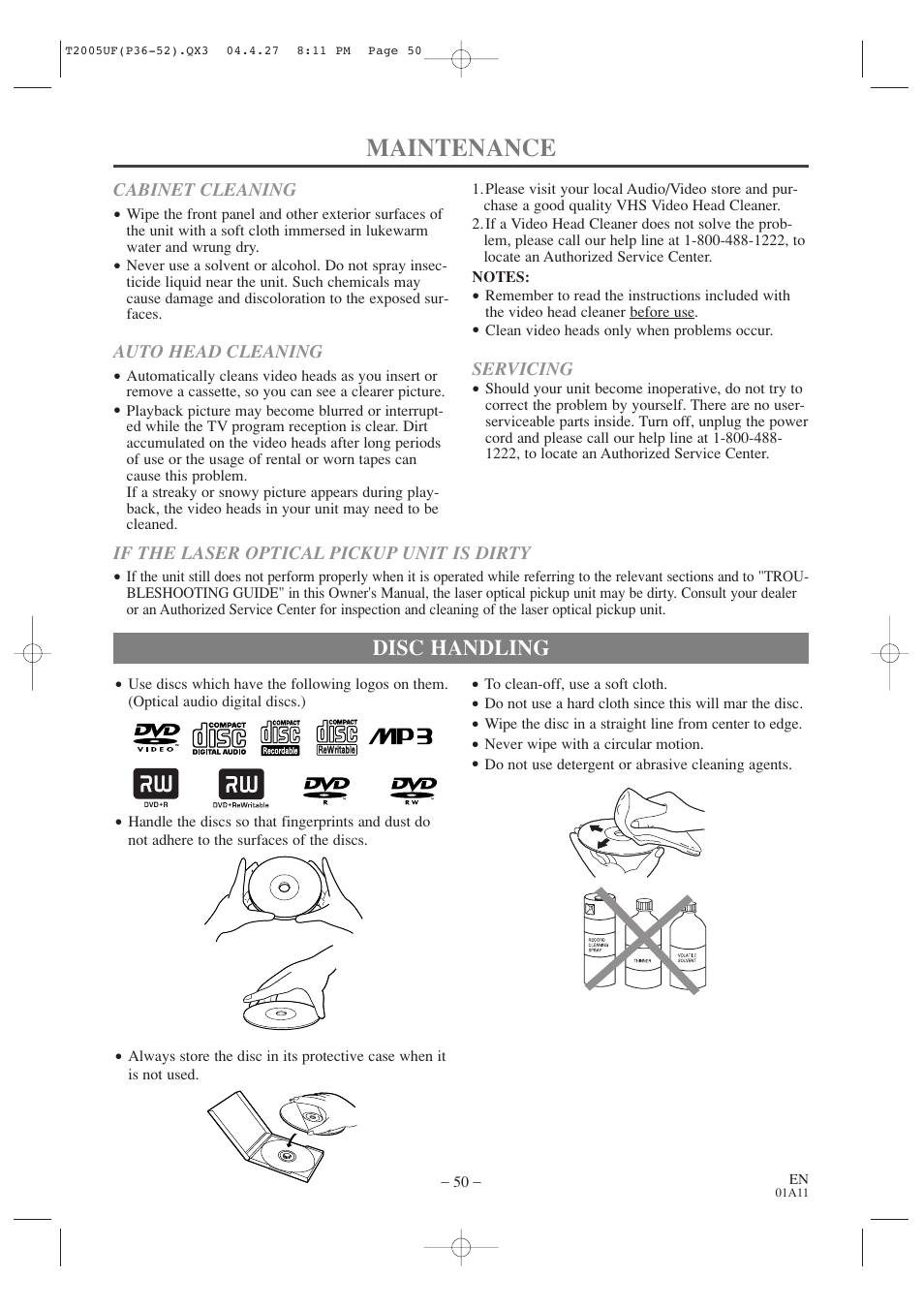 Maintenance, Disc handling | Sylvania SRCD427P User Manual | Page 50 / 56
