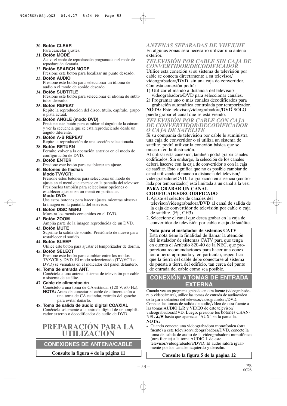 Preparación para la utilización, Conexión a tomas de entrada externa | Sylvania SRCD427P User Manual | Page 53 / 56