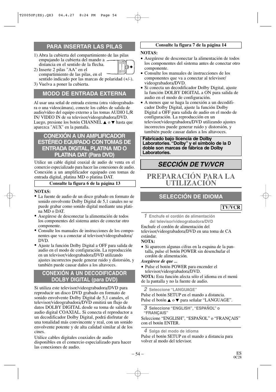 Preparación para la utilización, Sección de tv/vcr | Sylvania SRCD427P User Manual | Page 54 / 56