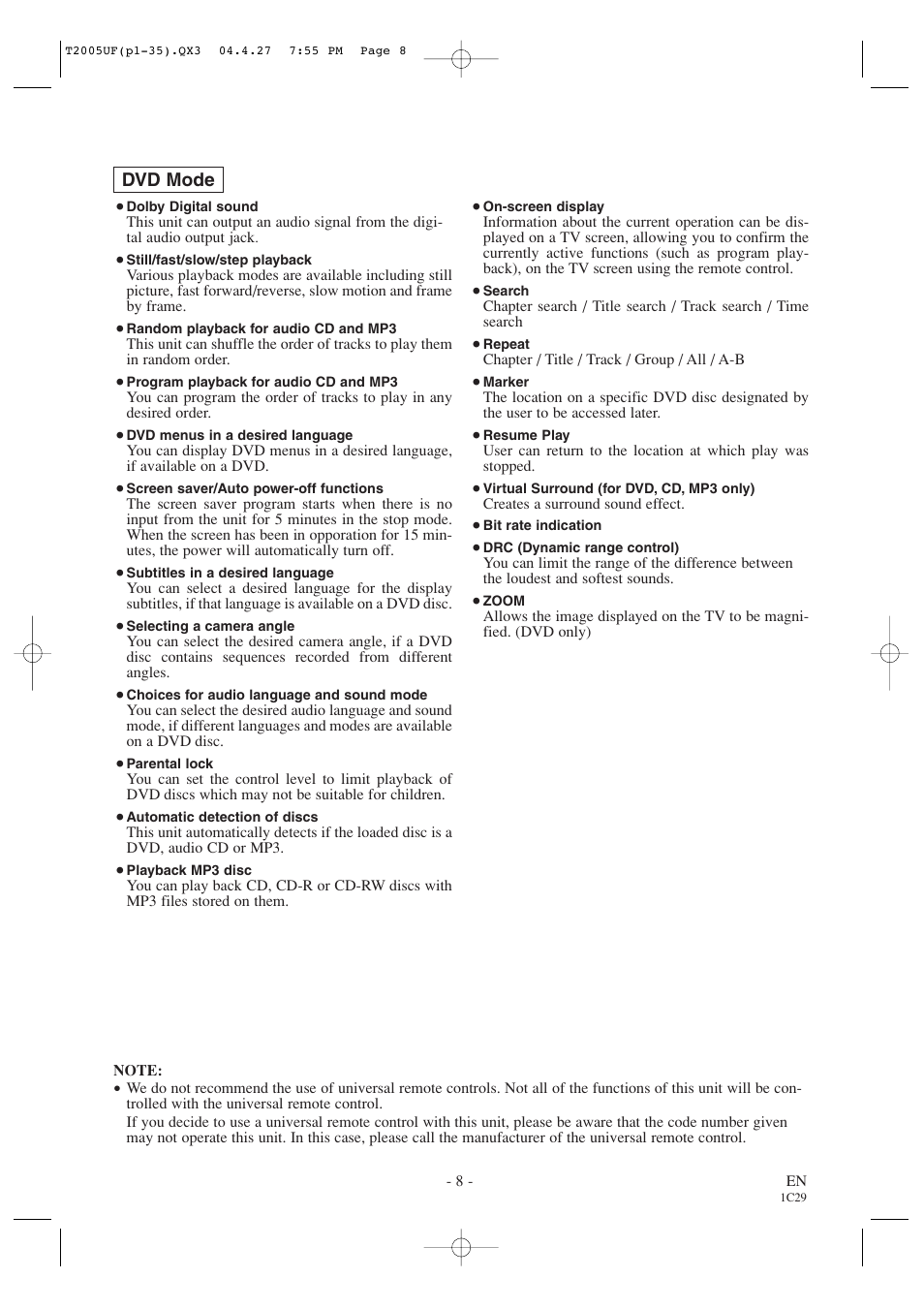 Dvd mode | Sylvania SRCD427P User Manual | Page 8 / 56