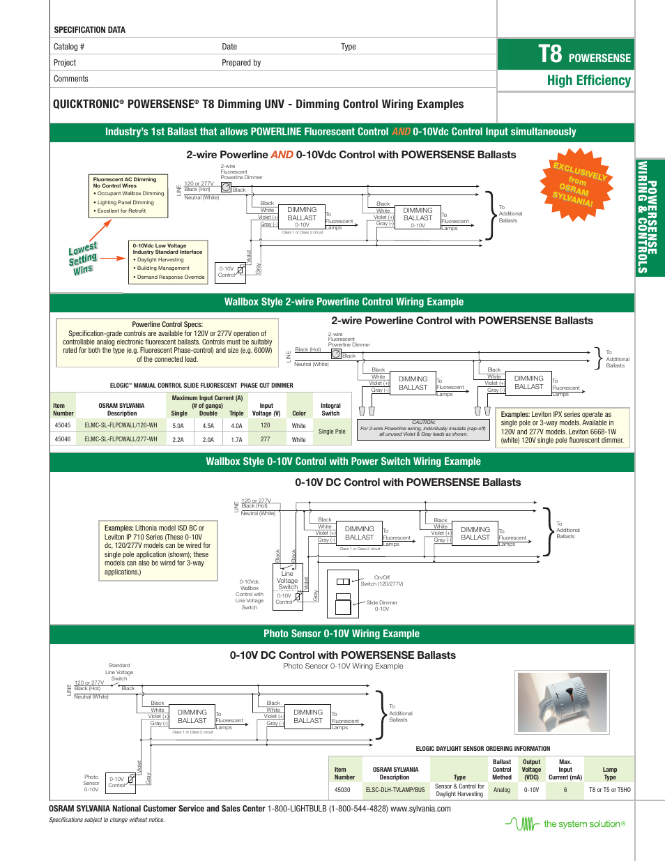 High efficiency, Powersense wiring & controls, Quicktronic | Powersense, T8 dimming unv - dimming control wiring examples, Photo sensor 0-10v wiring example, 10v dc control with powersense ballasts, Wire powerline control with powersense ballasts | Sylvania QUICKTRONIC T8 User Manual | Page 3 / 4