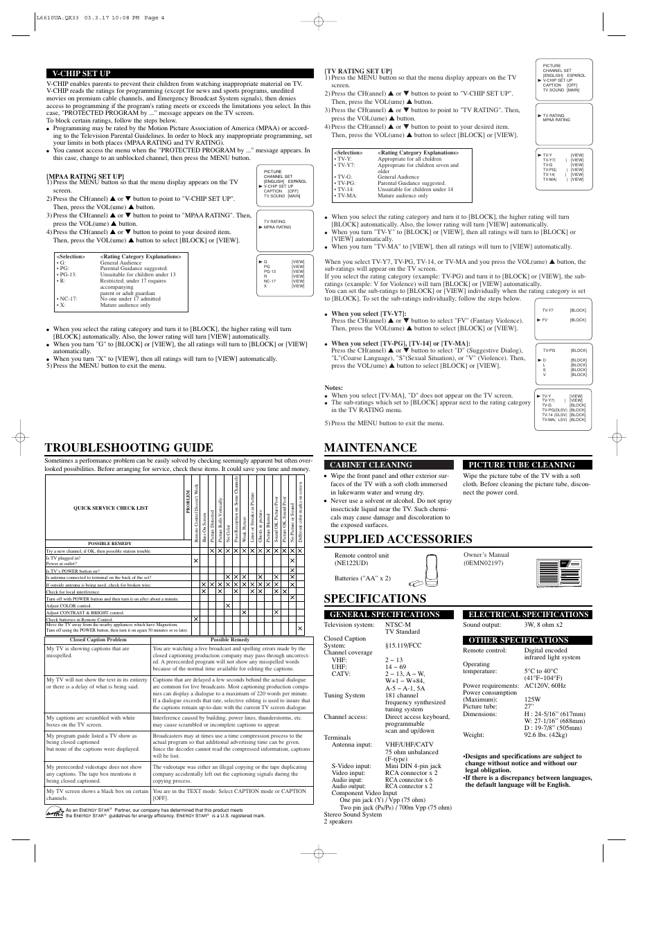 Specifications, Owner’s manual, General specifications | Electrical specifications, Other specifications, Cabinet cleaning, Picture tube cleaning, V-chip set up | Sylvania 6427FD User Manual | Page 4 / 4
