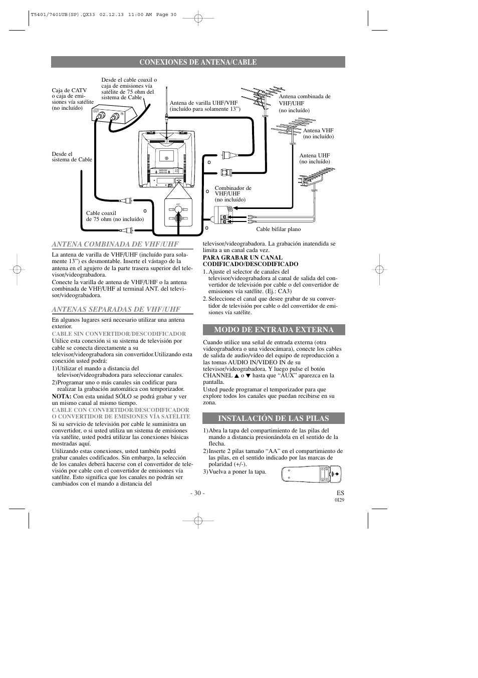 Conexiones de antena/cable, Antena combinada de vhf/uhf, Antenas separadas de vhf/uhf | Modo de entrada externa, Instalación de las pilas | Sylvania 6319CD User Manual | Page 30 / 32