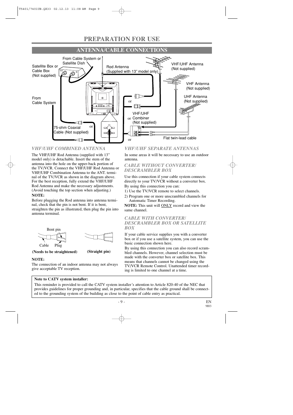 Preparation for use, Antenna/cable connections | Sylvania 6319CD User Manual | Page 9 / 32