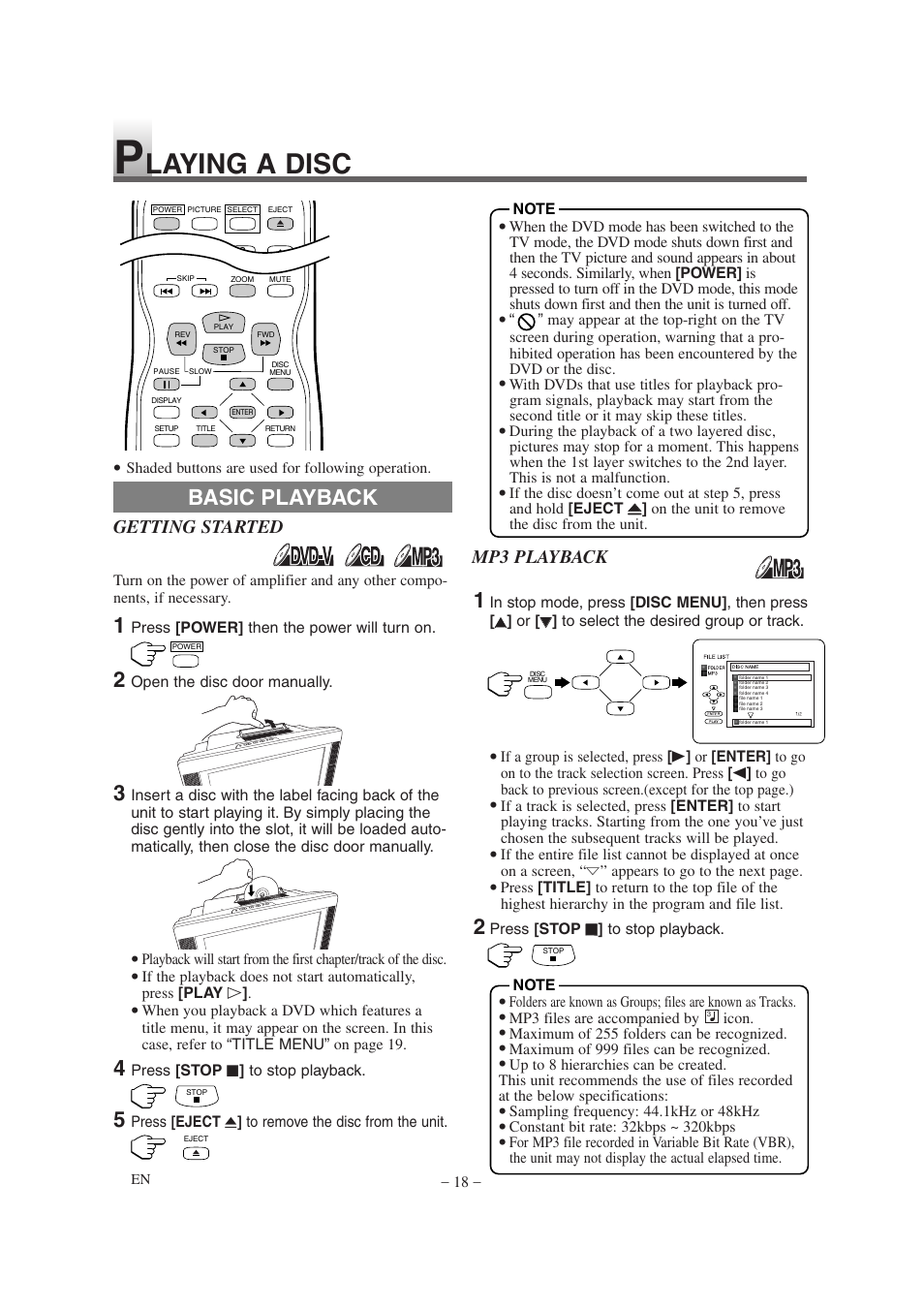 Laying a disc, Basic playback | Sylvania 6620LDG User Manual | Page 18 / 44