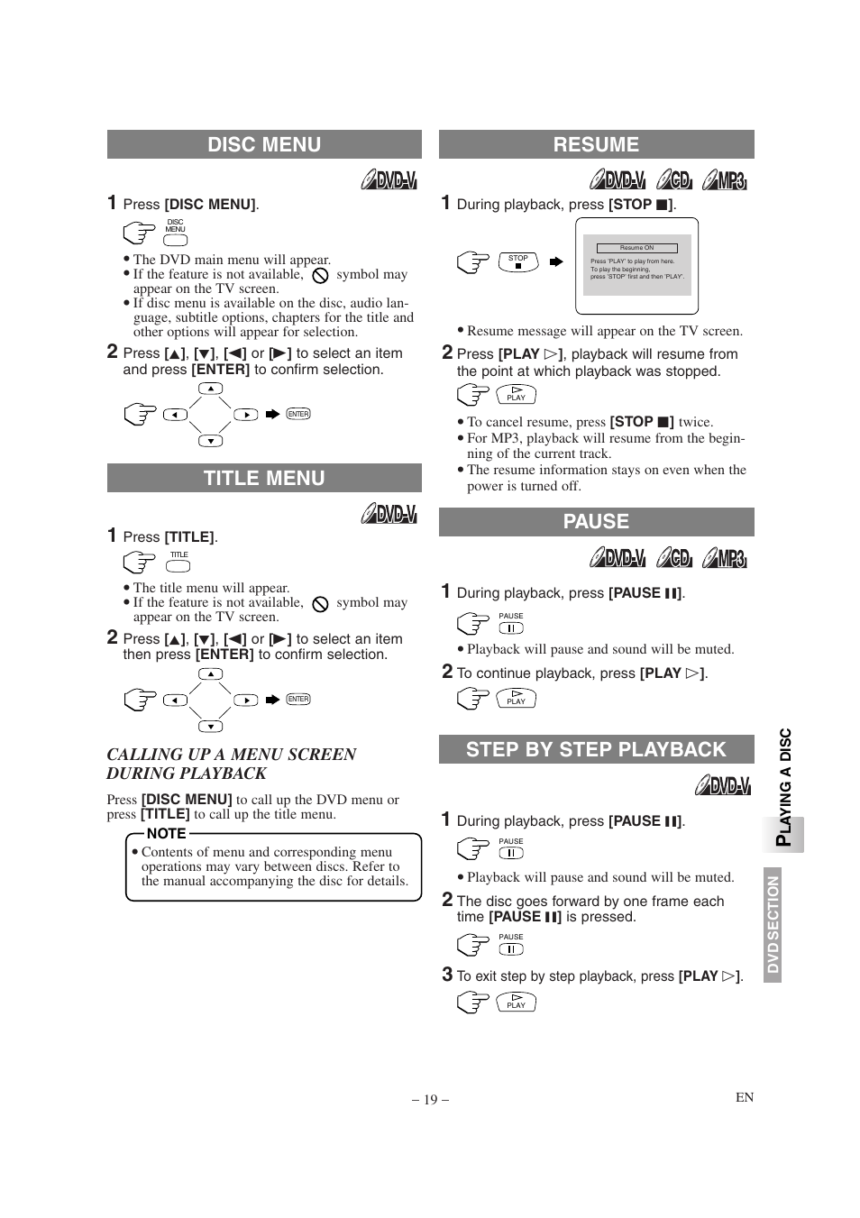Resume pause title menu disc menu, Step by step playback | Sylvania 6620LDG User Manual | Page 19 / 44