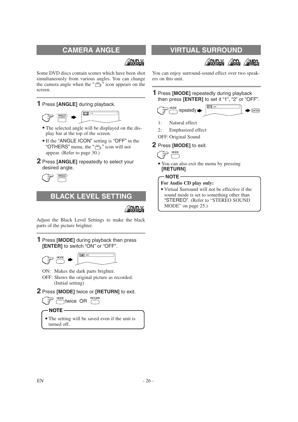 Virtual surround, Black level setting, Camera angle | Sylvania 6620LDG User Manual | Page 26 / 44