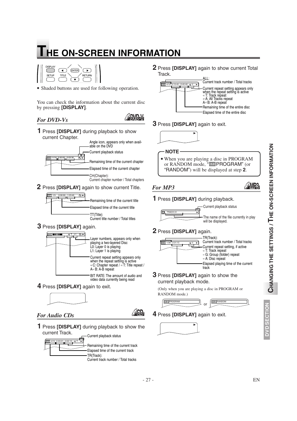He on-screen information, For dvd-vs, For audio cds | For mp3 | Sylvania 6620LDG User Manual | Page 27 / 44