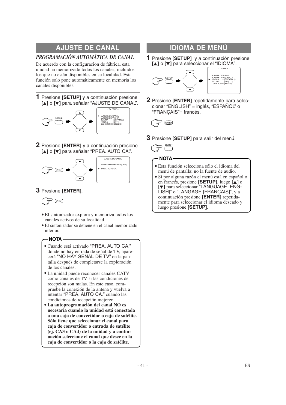 Ajuste de canal, Idioma de menú, Programación automática de canal | Sylvania 6620LDG User Manual | Page 41 / 44