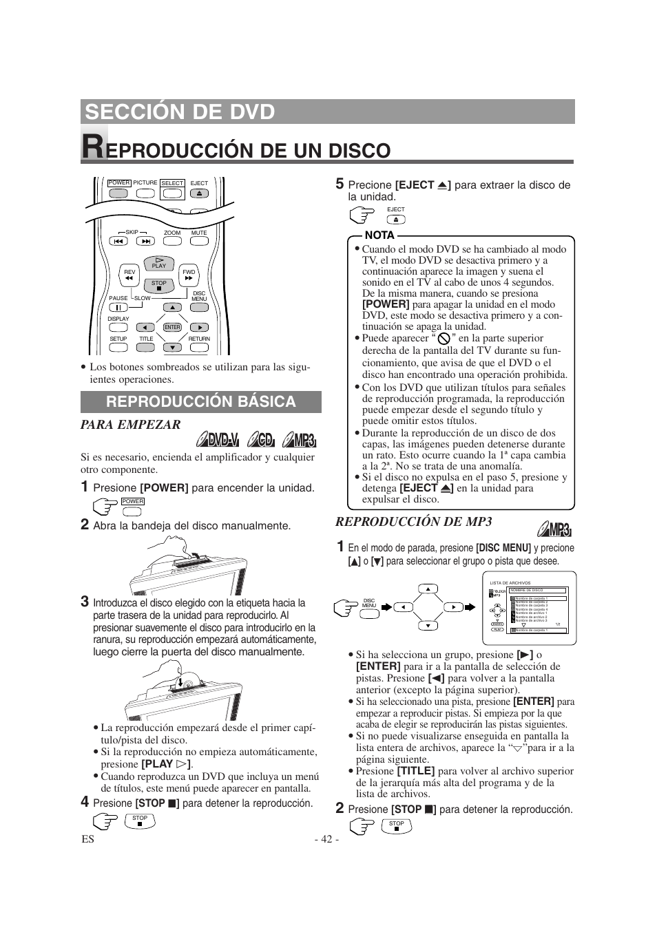 Sección de dvd, Eproducción de un disco, Reproducción básica | Para empezar, Reproducción de mp3 | Sylvania 6620LDG User Manual | Page 42 / 44